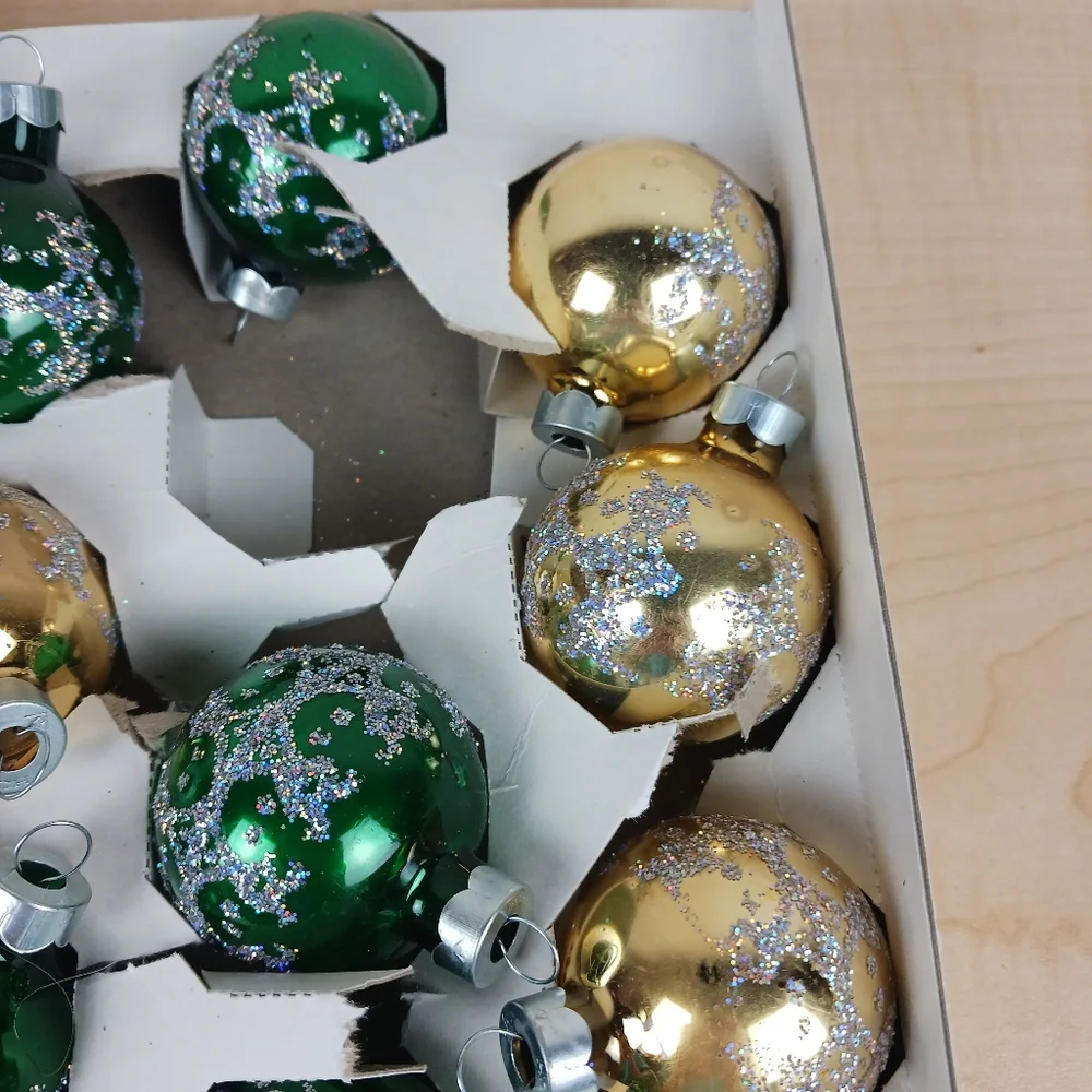 Pyramid Rauch Glass Silver Glitter Christmas Tree Ornaments Set Of 9 Vintage MCM